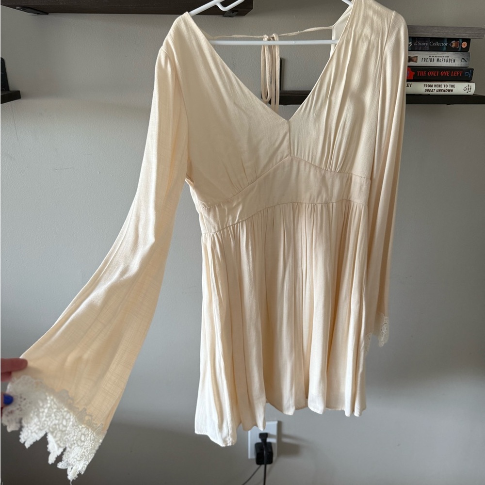 Cream Long Sleeve Dress with Lace Trim